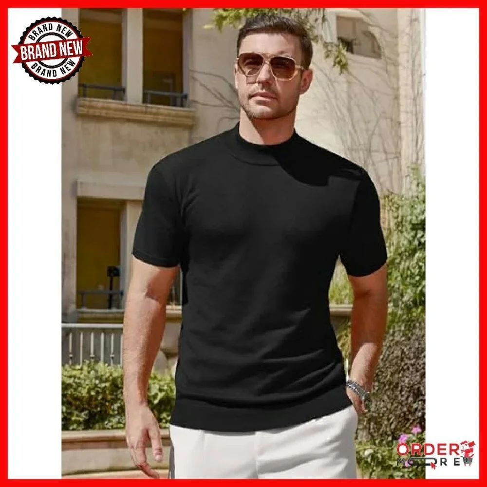 Men's Mock Turtleneck Short Sleeve Knit Pullover Sweater Casual Basic Tee